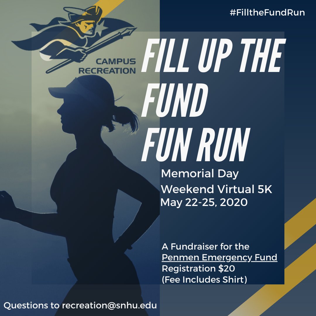 SNHUCampusRec's tweet photo. SNHU Campus Rec is excited to announce the inaugural Fill Up the Fund Fun Run! Join Penmen and friends over MDW in a virtual 5K fundraiser for the Penmen Emergency Fund on the treadmill or outside! Follow the link in bio to register and find full event details! #FilltheFundRun https://t.co/rxo6jUCP6c