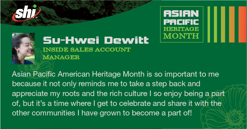SHI_Intl's tweet photo. We're celebrating #AsianPacificAmericanHeritage all month long! SHI's own Su-Hwei DeWitt, Emi Mantilla, and Thom Fuller share their thoughts of their Asian-Pacific American background.

#diversityintech https://t.co/I8KisZ1UHq