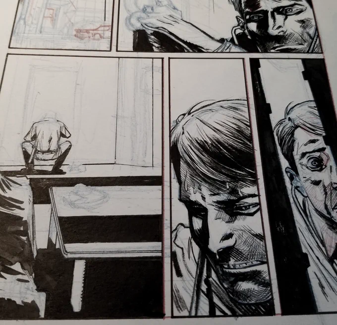 Desk shot: Wip inks, going a bit cleaner with this story. 