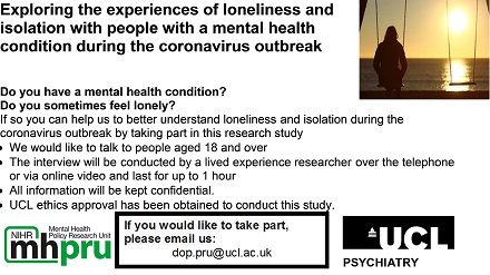 We would like to interview people with mental health problems about their experience of managing their mental health and isolation during the virus outbreak. #MHLoneliness Email us if you are interested in taking part: dop.pru@ucl.ac.uk