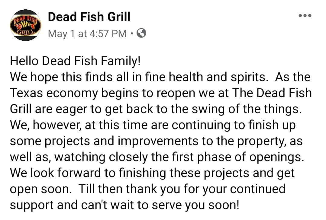 Dead_Fish_Grill's tweet photo. Please continue to check our social media for updates regarding our opening!! https://t.co/ZxwxNoQL6J