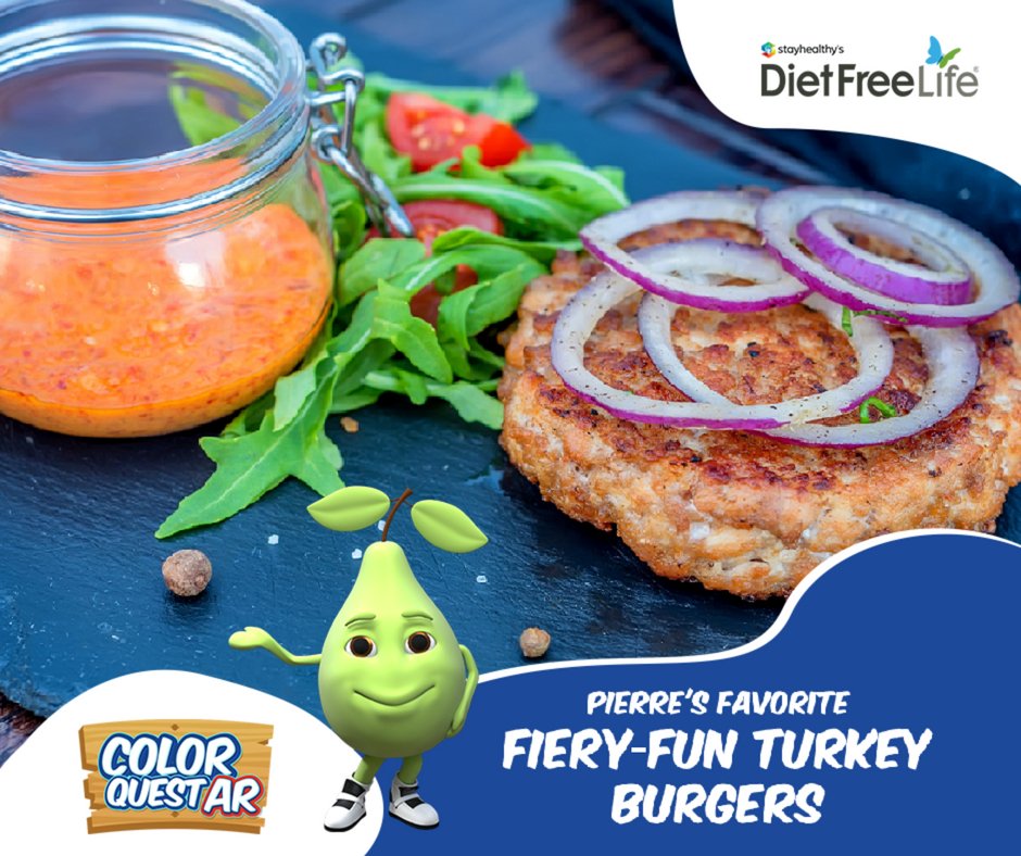 ColorQuestApp's tweet image. Hey parents! Looking for dinner plans? This is Pierre's favorite Fiery-Fun Turkey Burger recipe! Feel free to personalize these turkey patties with your favorite toppings and condiments🔥Make this recipe today by heading to our awesome recipe blog: bit.ly/2LbkZOe
