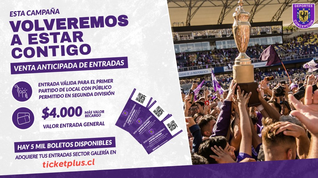 CSDConcepcion's tweet photo. ¿Querías aportar al club en tiempo de pandemia? Pues ¡toda la familia lila a comprar entradas! 

Ya puedes adquirir tus entradas online vía Ticketplus para el primer partido que juguemos con público autorizado en Collao. 

Compra tus entradas aquí 
https://t.co/gWBroRVhxZ https://t.co/ecj2crye4T