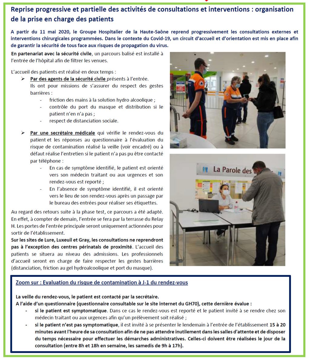 Le GH70 reprend progressivement les consultations externes et interventions chirurgicales programmées. un circuit d’accueil et d’orientation est mis en place afin de garantir la sécurité de tous face aux risques de propagation du virus.
#gh70 
#securité 
#ensemblefaisonsface
