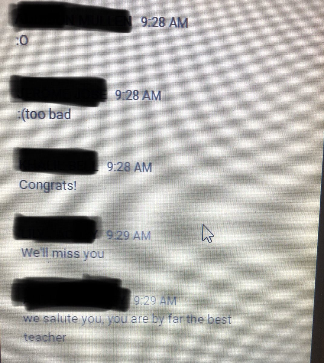 MsAmandaHuson's tweet photo. I told my Ss that I am not returning to @JML_MS_Official next year, and their responses were so sweet!Some even wanted to keep the Google Classroom up and running just to stay in touch!  I had a really fun group of students this year and I will miss the JML community so much 💔 https://t.co/lN0O0yMcNB