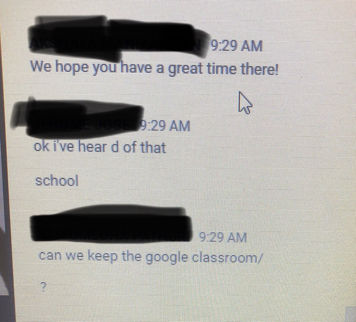 MsAmandaHuson's tweet photo. I told my Ss that I am not returning to @JML_MS_Official next year, and their responses were so sweet!Some even wanted to keep the Google Classroom up and running just to stay in touch!  I had a really fun group of students this year and I will miss the JML community so much 💔 https://t.co/lN0O0yMcNB