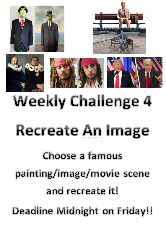 DuffusHouse's tweet photo. Challenge number 4 is asking the boys to recreate some kind of iconic image/painting/movie scene. The boys will need to be creative and think what props they have in the house! If I am asking them to do it, I thought I should try and give it a go as well!#happytomakeafoolofmyself https://t.co/m02rbCIboT