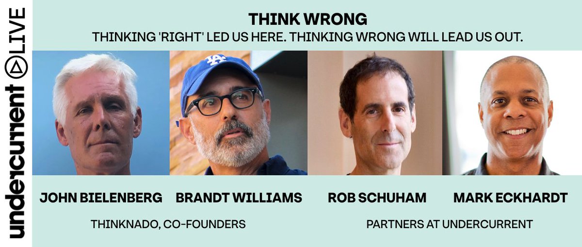 undercurrent's tweet image. Join us TODAY at 3PM EST for #UndercurrentLIVE where we'll #ThinkWrong to counter-intuitively unstick what we know in order to explore uncertain, unknown &amp;amp; un-right ideas. Join @JohnBielenberg, @MarkEckhardt, @brandtwilliams and @robschuham. Register here: lnkd.in/g5WSQdZ