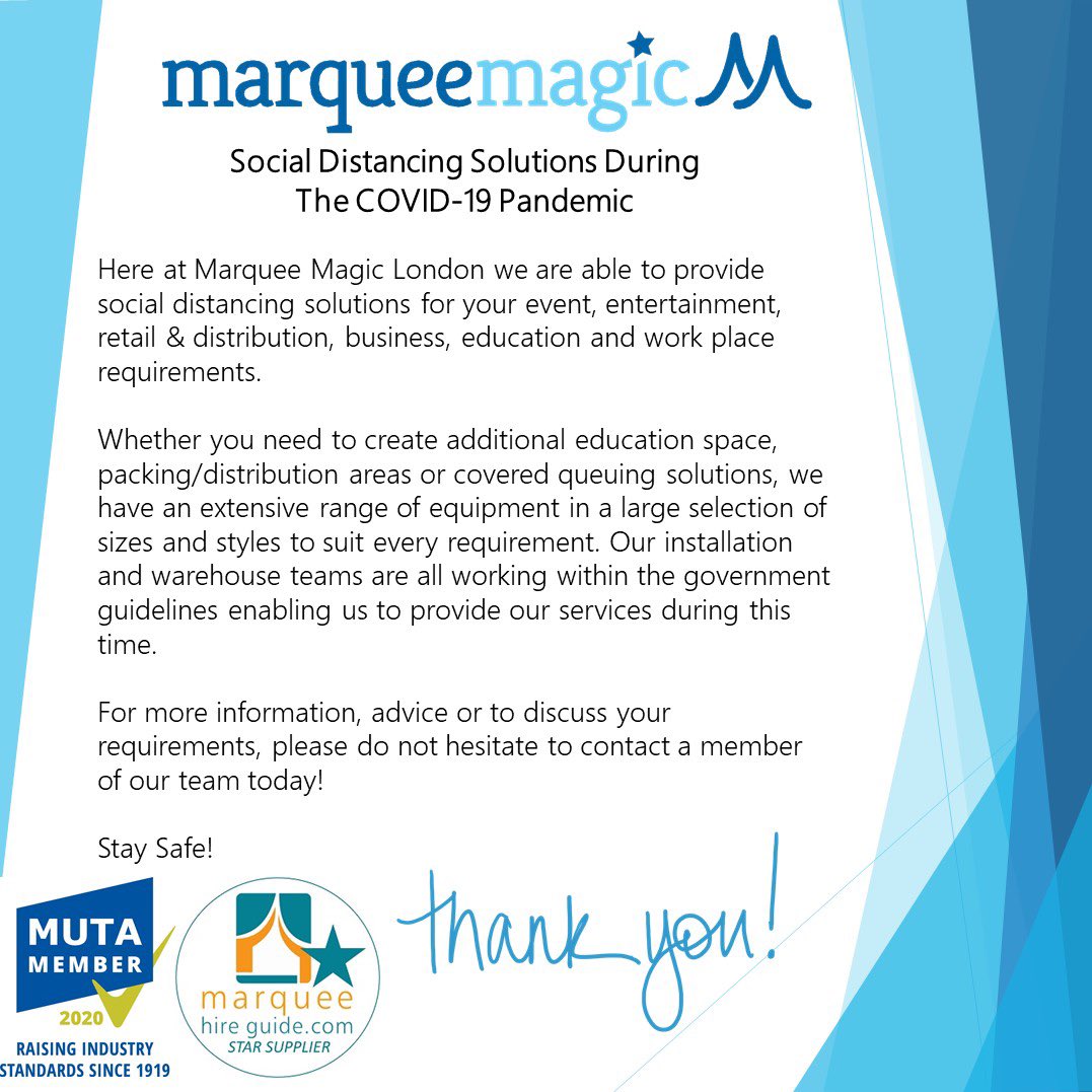 marqueemagic's tweet photo. Social Distancing Solutions Throughout The Covid-19 Pandemic. To discuss your requirements or for advice, please do not hesitate to get in touch! #covid19 #coronavirus #socialdistancing #events #outdoor #business #industryrecognised #muta https://t.co/IHsXtYR8Cq