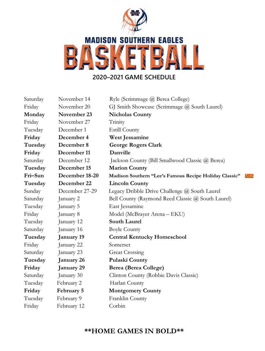 The Madison Southern Basketball Schedule for 2020-21!! 🦅