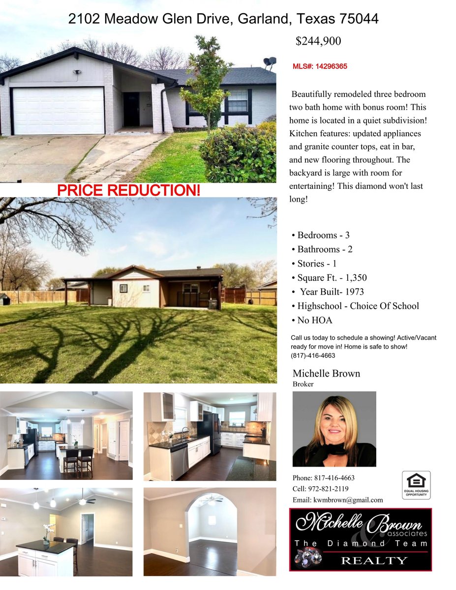 DiamondTeamRlty's tweet photo. Happy Tuesday Diamonds! 

Check out our featured listing for the day😁:

2102 Meadow Glen Dr. Garland TX, 75044
MLS#14296365

Check for info below!

Price reduction! $244,900

Actively showing! 

Please call us to schedule a tour: (817)-416-4663

#homeforsaleingarland #realestate https://t.co/utxb35oTWm