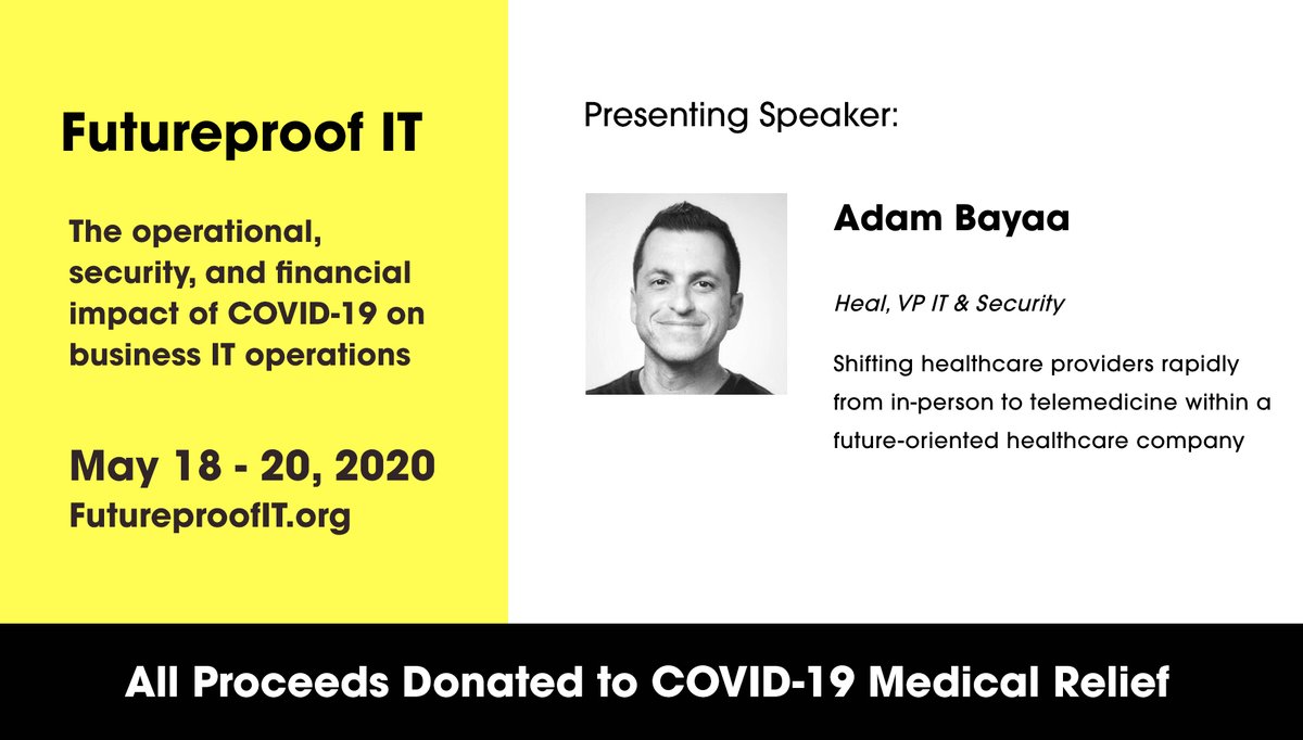 ItFutureproof's tweet photo. Join #FutureproofIT learning from @AdamBayaa from @HealApp about shifting healthcare providers rapidly from in-person to telemedicine within a future-oriented healthcare company
May 18-20
100% of proceeds donated to COVID-19 medical supplies relief https://t.co/U3s8hg3aOu https://t.co/2IeuFb8Dbk