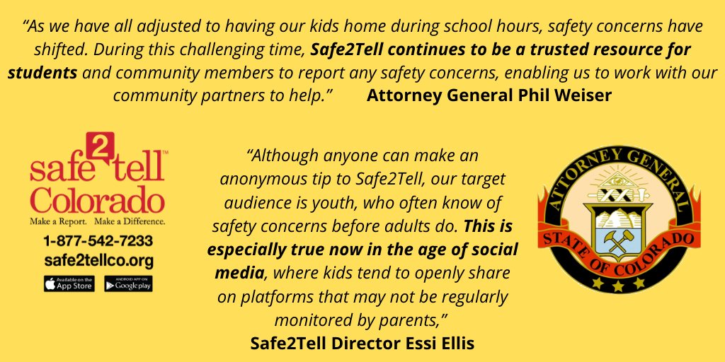Safe2TellCO's tweet photo. Today S2T released the April data report found here: https://t.co/HKhRSO9KYf Data reflects numbers typically seen during times of prolonged school closures, like summer breaks. Please continue to remind students that they can report safety concerns to S2T, 24/7, 365 days a year! https://t.co/b5QTy5Zmva