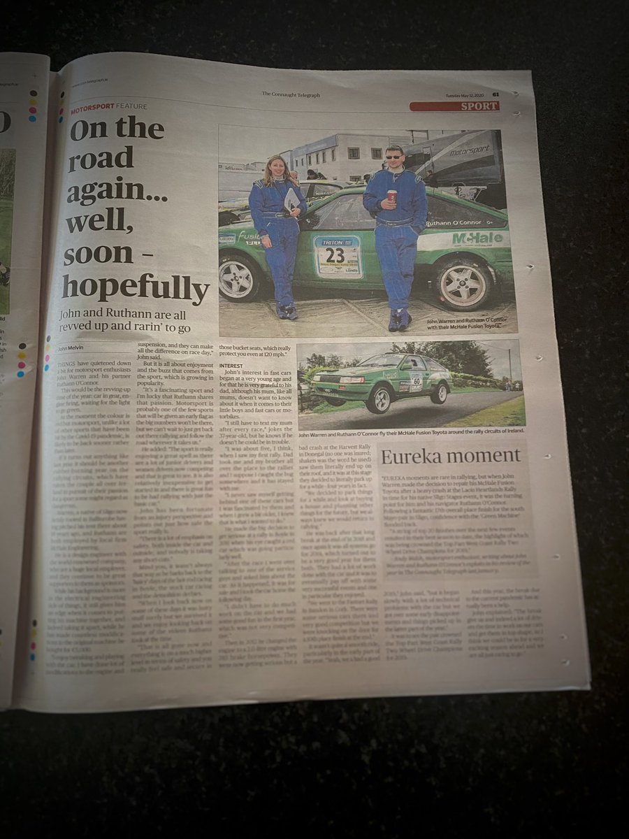 Fantastic #Motorsport feature on John Warren &amp; Ruthann O'Connor in today’s <a href="/thecontel/">Connaught Telegraph</a> , from Mchale’s ➡️ Hot rod racing in Boyle ➡️ to Top Part West Coast Rally Championship success, fantastic read. Great to see  Motorsport in local papers.