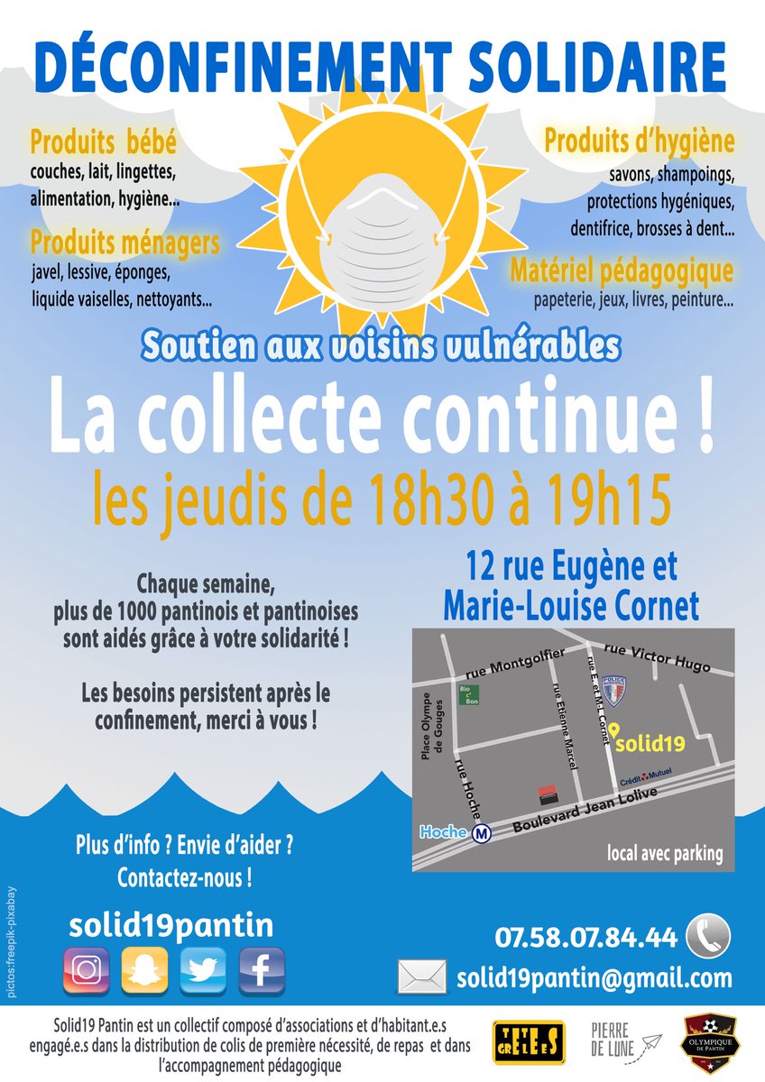 Solid19P's tweet photo. Nos collectes continuent sur les quartiers Hoche et Église de Pantin. 

Rdv ce jeudi soir pour déposer vos dons

Pour les Quatre-Chemins, vous pouvez déposer les lundi, mercredi et vendredi de 13h30 à 17h au gymnase Léo Lagrange (10 rue Honoré). 

+ d’infos sur les photos https://t.co/XhHRlFavxd