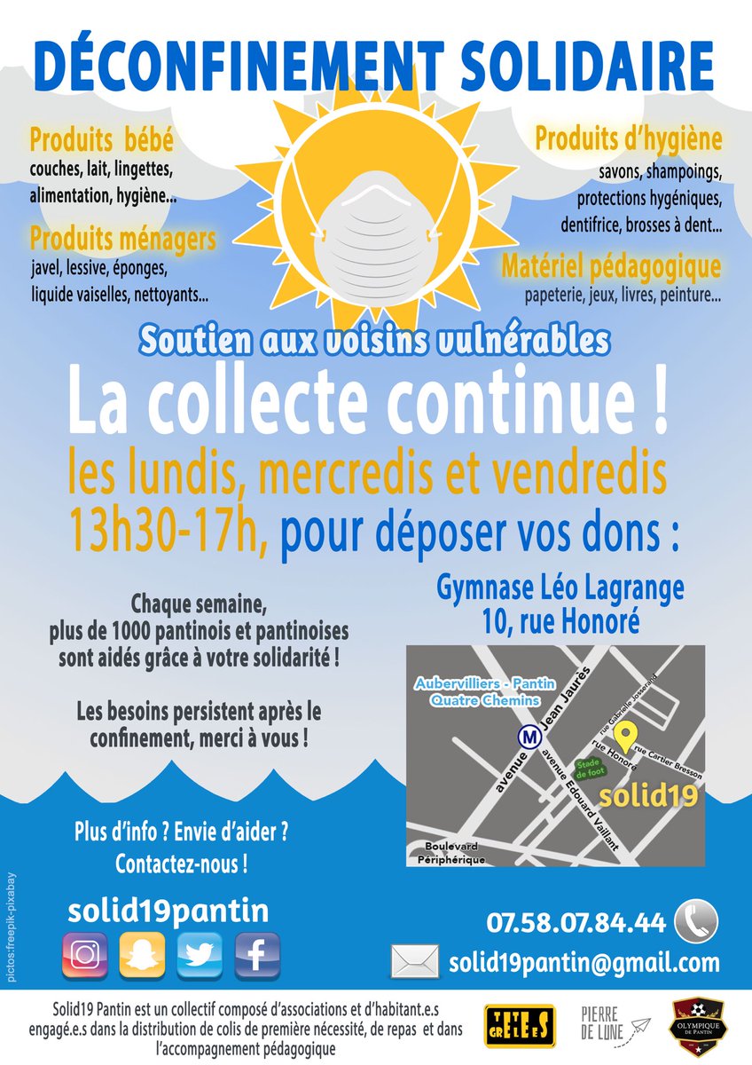 Solid19P's tweet photo. Nos collectes continuent sur les quartiers Hoche et Église de Pantin. 

Rdv ce jeudi soir pour déposer vos dons

Pour les Quatre-Chemins, vous pouvez déposer les lundi, mercredi et vendredi de 13h30 à 17h au gymnase Léo Lagrange (10 rue Honoré). 

+ d’infos sur les photos https://t.co/XhHRlFavxd