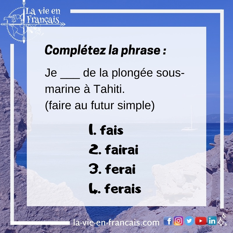 Lavieenfrancais's tweet photo. 🥐Complétez la phrase en écrivant le verbe conjugué dans les commentaires!🧜🏽♀️
🌞Completa la frase escribiendo el verbo conjugado en los comentarios!🧜🏽♀️
#FLE #francais #frances #french #learnfrench #frenchquiz #frenchclass #frenchtips #conjugaison #conjugacionfrancesa #futursimple https://t.co/Vw29r8goTi