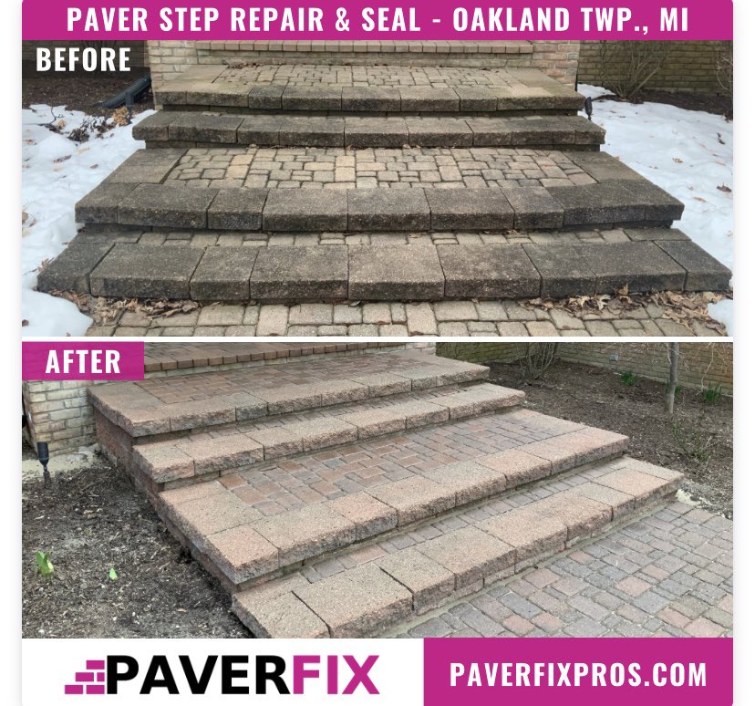 paverfix's tweet photo. Check out the before and after paver step repair and seal done in Oakland Twp, MI. Our hardscape repair experts have the knowledge and expertise to make your old pavers look brand new!! #paverfixpros #paving #qualitypaving #brickpaving #macomb #oaklandtownship #rochesterhills https://t.co/CbVBtGiVEO