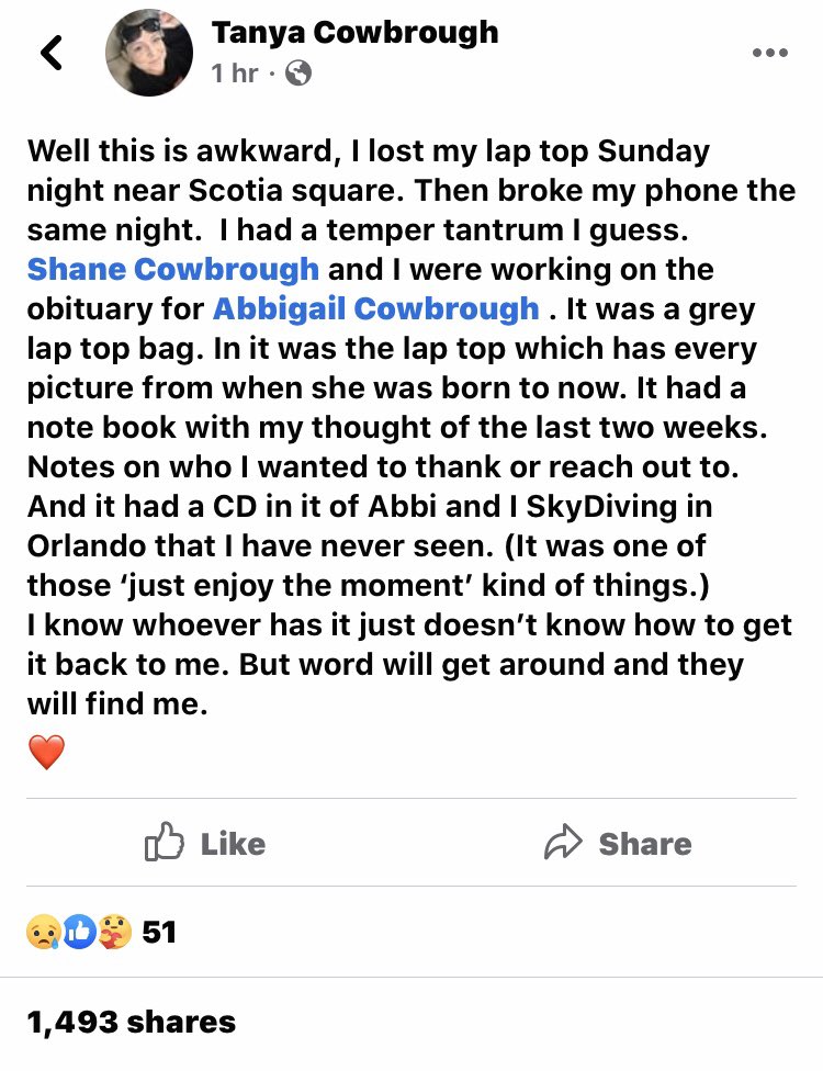 CityNewsHFX's tweet photo. This is Abbigail Cowbrough’s mother, and she needs our help. Please, share and let’s get those precious memories back where they belong. @RCN_MARLANT https://t.co/2iOq4NbCj8
