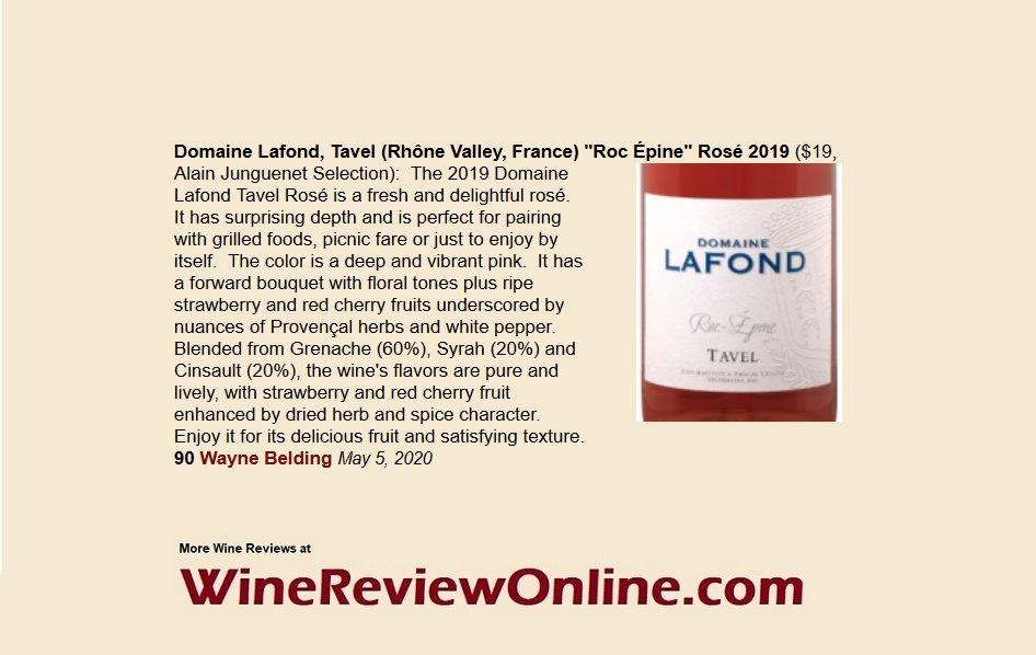 WineReviewOnlin's tweet photo. https://t.co/5XexPklKC7 #Wine Review:
Domaine Lafond 2019 "Roc Épine" Rosé, Tavel, France
@WayneBeldingMS 90 Points
"...fresh and delightful ...  pure and lively, with strawberry and red cherry fruit enhanced by dried herb and spice character." 
https://t.co/Ja3ODML3aX https://t.co/FNu2mOLETg