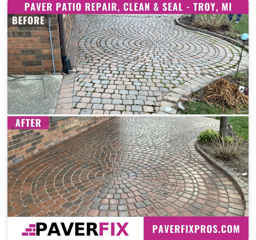 paverfix's tweet photo. The paver patio REPAIR + CLEAN + SEAL done in Troy, MI brought the vibrant colors back to home owners yards!! Yours can look like this too! Visit the link in our bio for a FREE next day quote 
#paving #qualitypaving #paversealingcompanies #paverrepairservices #paverfixpros https://t.co/N3JmwyCV07