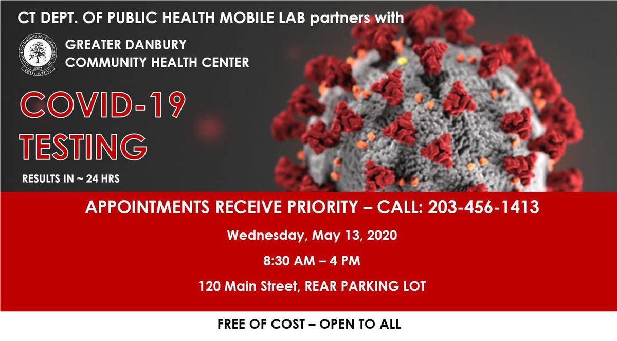 FriendsOfMCCA's tweet photo. Free #CovidTesting open to all. Danbury, CT, 120 Main St. Appointments receive priority. Call: 203-456-1413. Greater Danbury Community Health Center partnering with CT. Dept. of Public Health Mobile Lab. https://t.co/3bepia0yUy