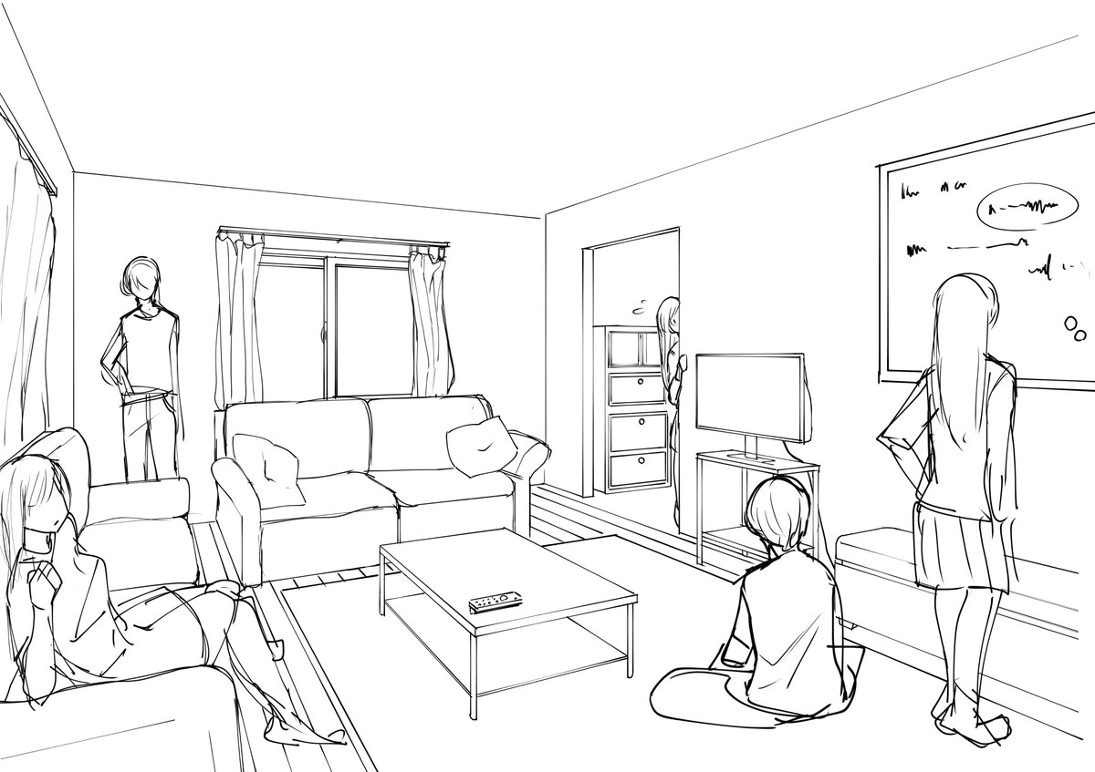 資料集めて背景模写
壁の高さ230㎝を基準にして家具や人を合わせていく感じかな。家具のHPとか建築基準?が参考になるね
少しずつ慣らしていこう 