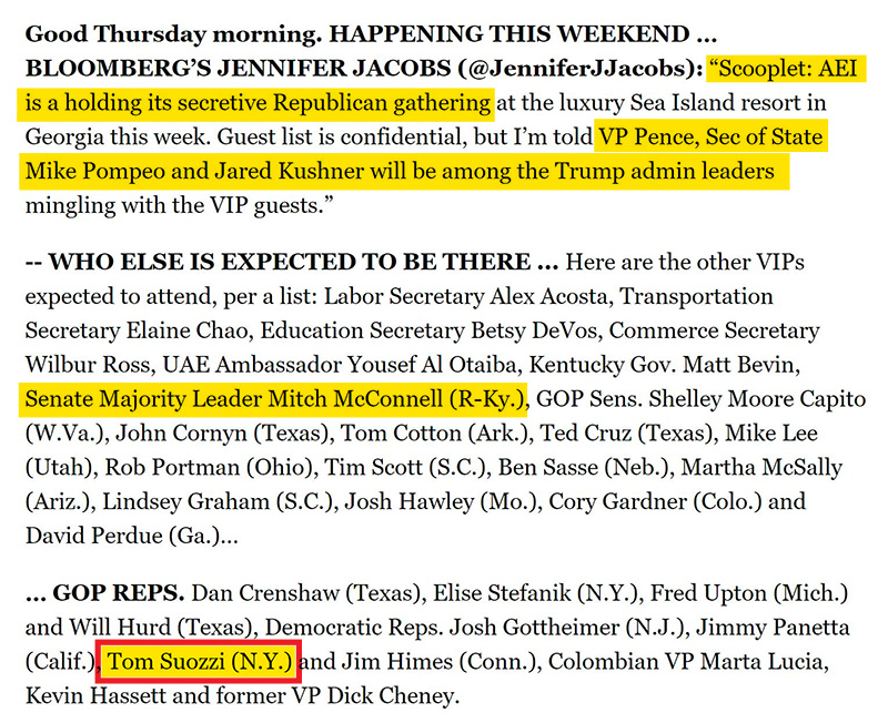 . @RepTomSuozzi was reelected to hold Trump and a rogue GOP accountable. So why was he one of four Dems vacationing with  @senatemajldr,  @VP and members of the Trump admin for a lobbyist spa weekend getaway? —politico It’s because they share the same corporate-first agenda.7/