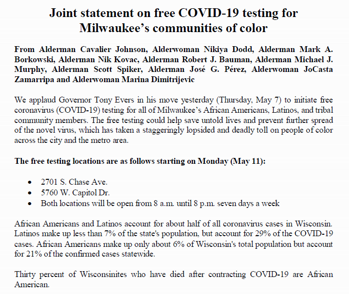RobertBauman3's tweet photo. Free COVID-19 Testing available from 8AM-8AM seven days a week at 5760 West Capitol Drive and 2701 South Chase Avenue: https://t.co/ID9e6GDt9M