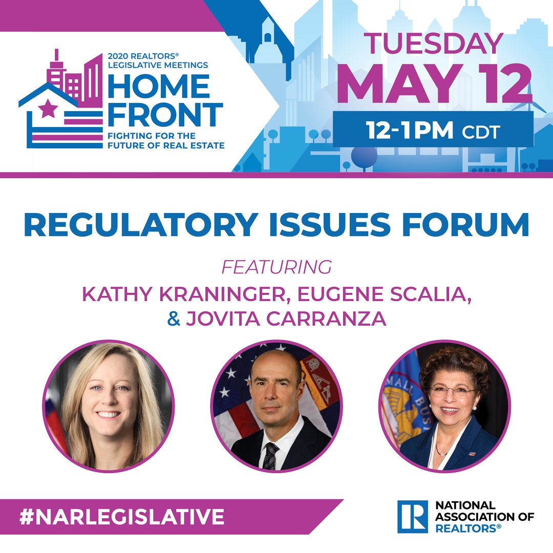 Hear remarks from Consumer Financial Protection Bureau Director (CFPB) Kathy Kraninger, U.S. Labor Secretary Eugene Scalia, &amp; Small Business Administrator Jovita Carranza on regulatory responses to COVID-19 now on the #NARLegislative virtual platform. ow.ly/8jfY50zE3F7
