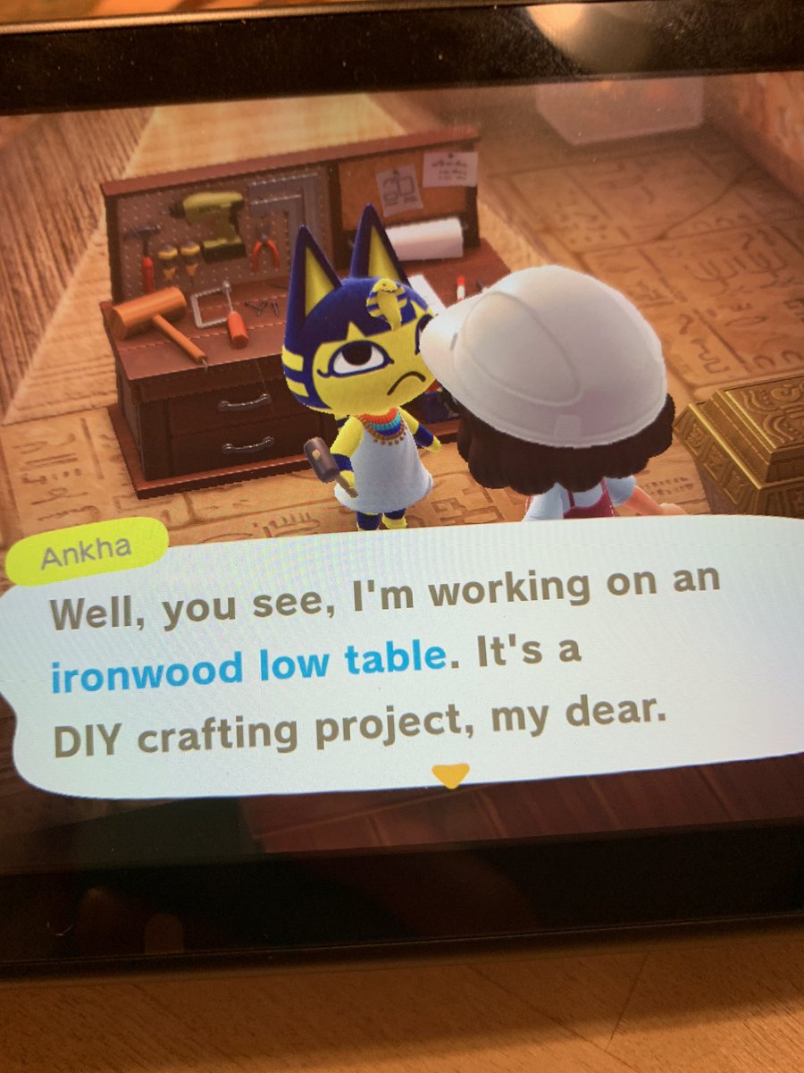 pawneeACNH's tweet photo. Ankha is crafting an ironwood low table ☺️ I'd love some NMTs or stacks of regular wood as a tip 😇 DM me for the dodocode 😌 #ACNH #AnimalCrossingNewHorizon #AnimalCrossing https://t.co/DrLAlgvTyz