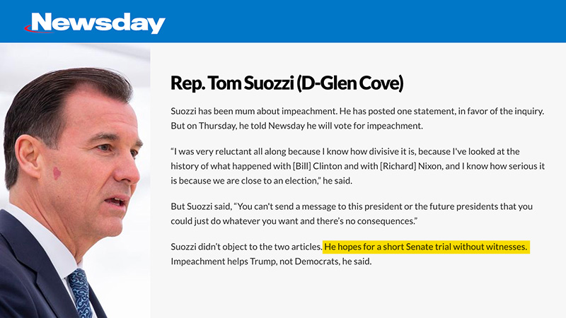 . @RepTomSuozzi's reluctance to support impeachment in the face of clear evidence and adopting the GOP stance of a “short Senate trial without witnesses,” shows he will not stand up for Democracy.12/
