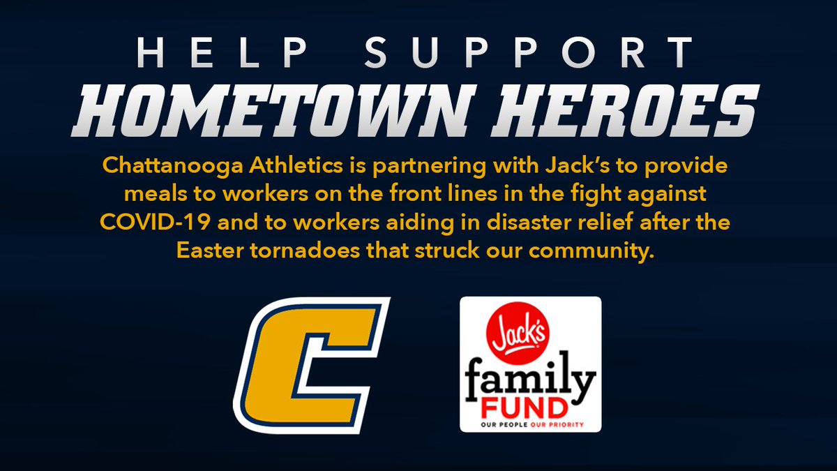 GoMocs's tweet photo. Join Chattanooga Athletics and @eatatjacks in thanking our Hometown Heroes! For just $10, you can provide a Jack's meal and a Mocs football ticket to someone on the front lines, as well as give back through the Jack's Family Fund.

Learn more and donate: https://t.co/PwlzhxiyuD https://t.co/JElstpPCrv