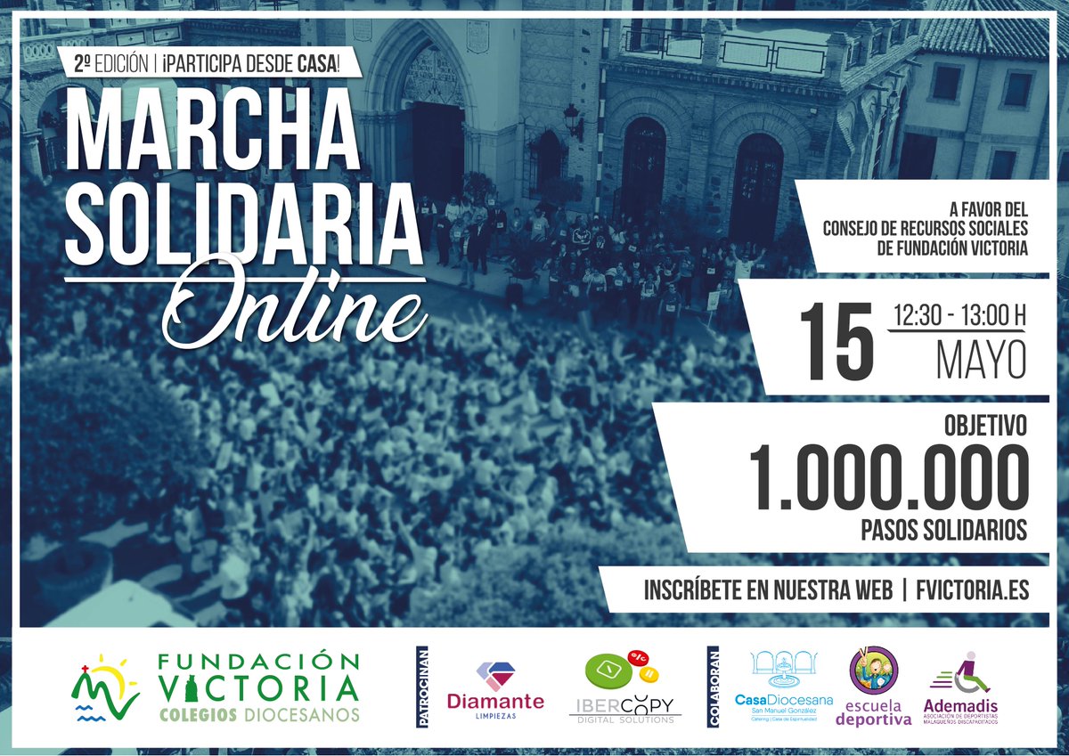 📣 | ¡Seguimos con las inscripciones de la #IIMarchaSolidariaFV ! 🎉

El próximo 15 de mayo os esperamos a todos de manera virtual por las #redes #sociales de Fundación Victoria 👏

#Infórmate ➡️ fvictoria.es/marchasolidari…

#SomosEscuelaDeportiva