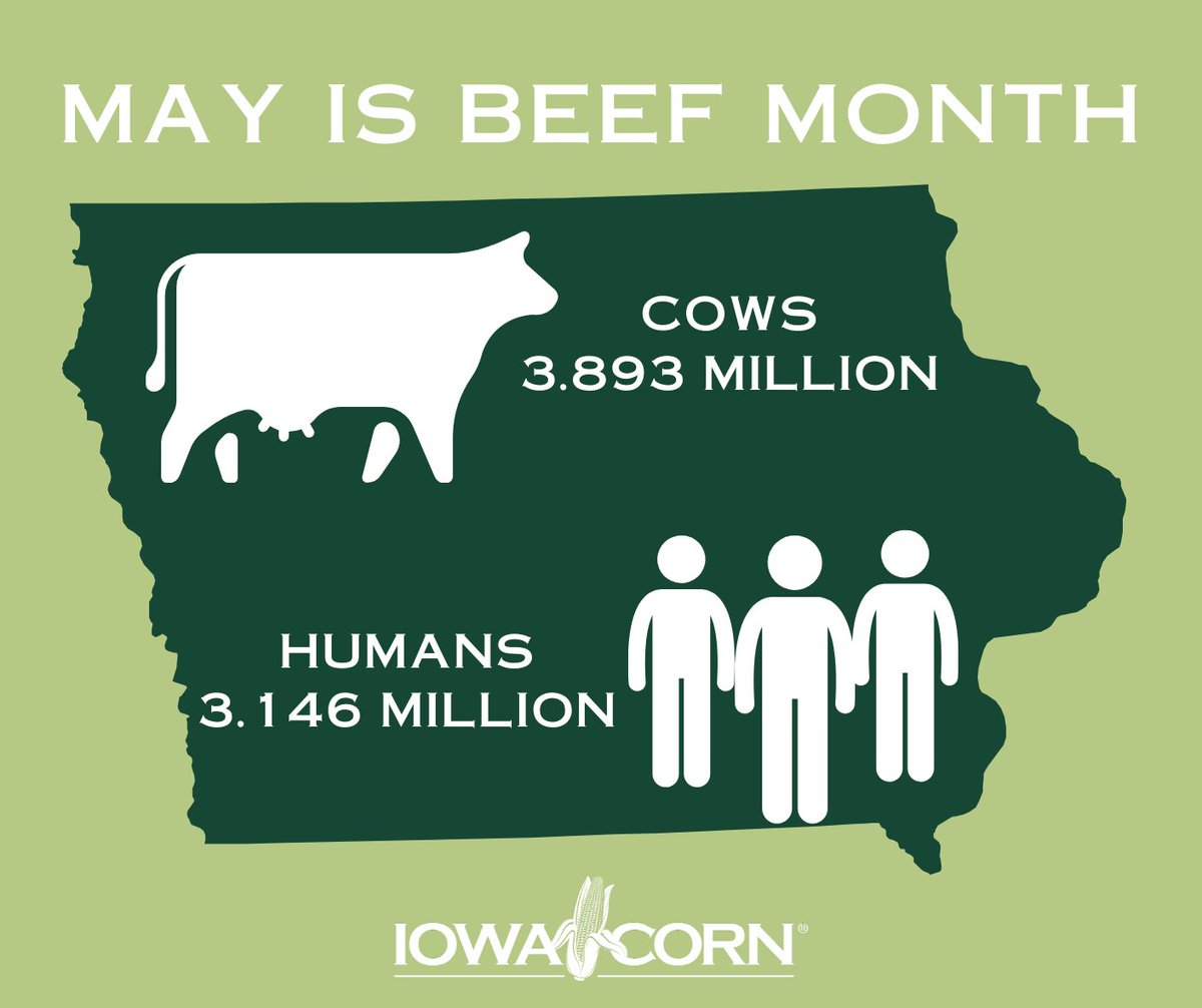 May is #BeefMonth and according to beef2live.com, cows outnumber people in the state of Iowa. In fact, cows outnumber people in nine states across the U.S.

Human population: 3.146 million
Cow population: 3.893 million