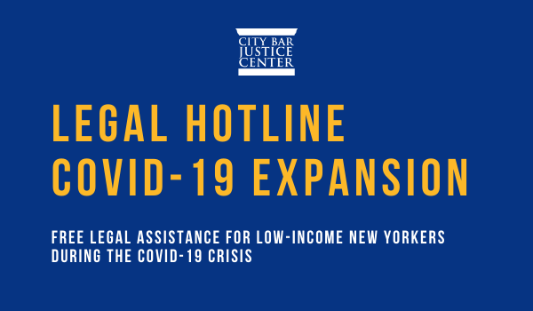 JusticeCtrNews's tweet photo. The City Bar Justice Center’s #LegalHotline expanded its #probono program in response to #NewYorkers’ growing need for #free #legalaid during #COVID19. Read the following #pressrelease to learn more about the initiative: https://t.co/08joKbI9n8

#COVID19probono #coronavirusnyc https://t.co/1wyTlfO6Je