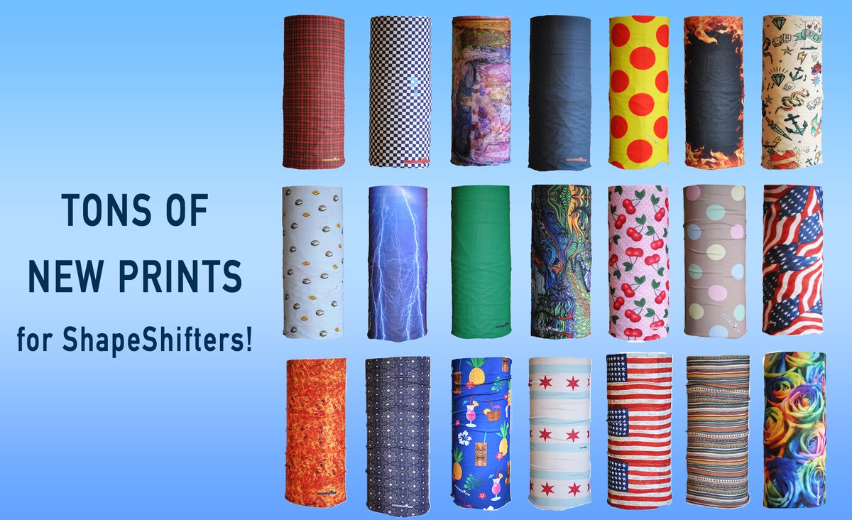 TONS of NEW PRINTS for Sweatvac Shapeshifts now available! Keep your face covered in style! Many patterns to choose from, which one is your favorite? #shapeshifter #facemask #staysafe #sweatvac