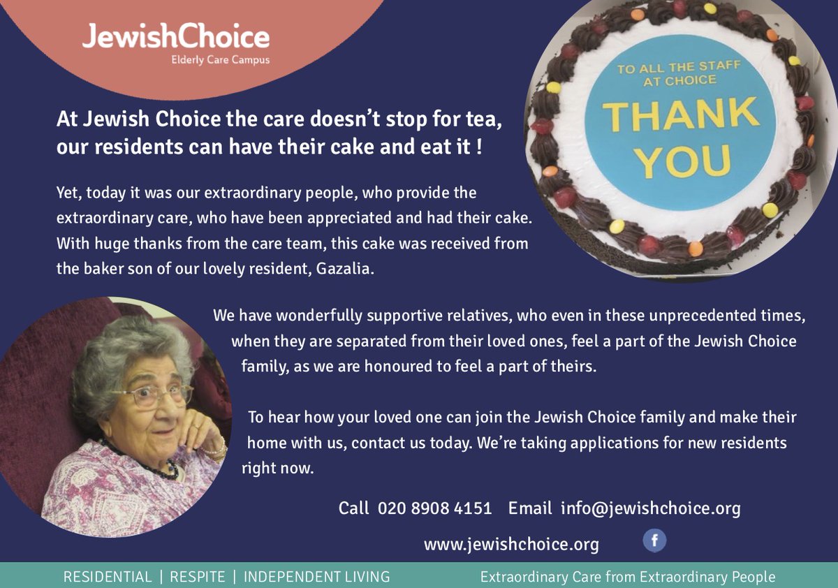 ChoiceJewish's tweet photo. At JewishChoice everyone can have their cake and eat it! You too can be a part of the Jewish Choice family. We're all well and reaching out to the Community to take applications for new residents #jewishelderlycare #jewishlondon #open4care https://t.co/gto7VvvxZV