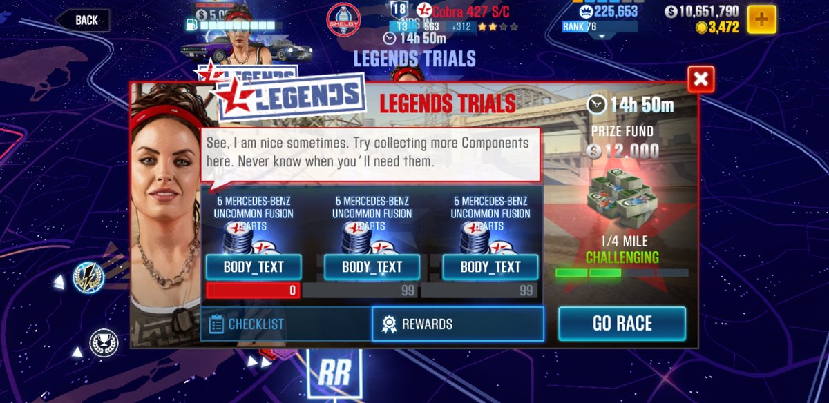 Renders2T's tweet photo. @CSRRacing Game blocks when playing Legends, races dont count? https://t.co/M79IFy0GEp