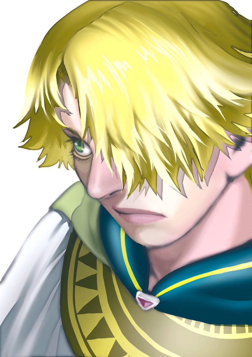 1boy blonde hair male focus solo hair over one eye white background green eyes  illustration images