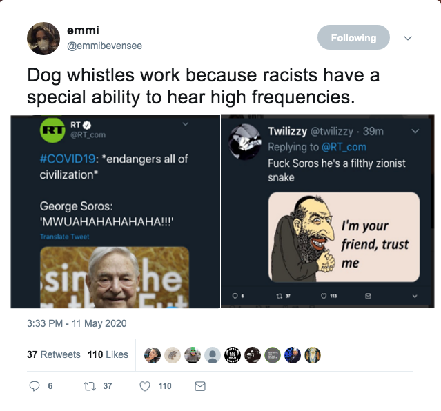 We saw this same meme yesterday in a tweet by a fellow  #disinfo / anti-hate researcher that noted a racist tweet by Russian media RT aimed at George Soros and one of the commenters followed that up with the "Happy Merchant" anti-semitic meme.