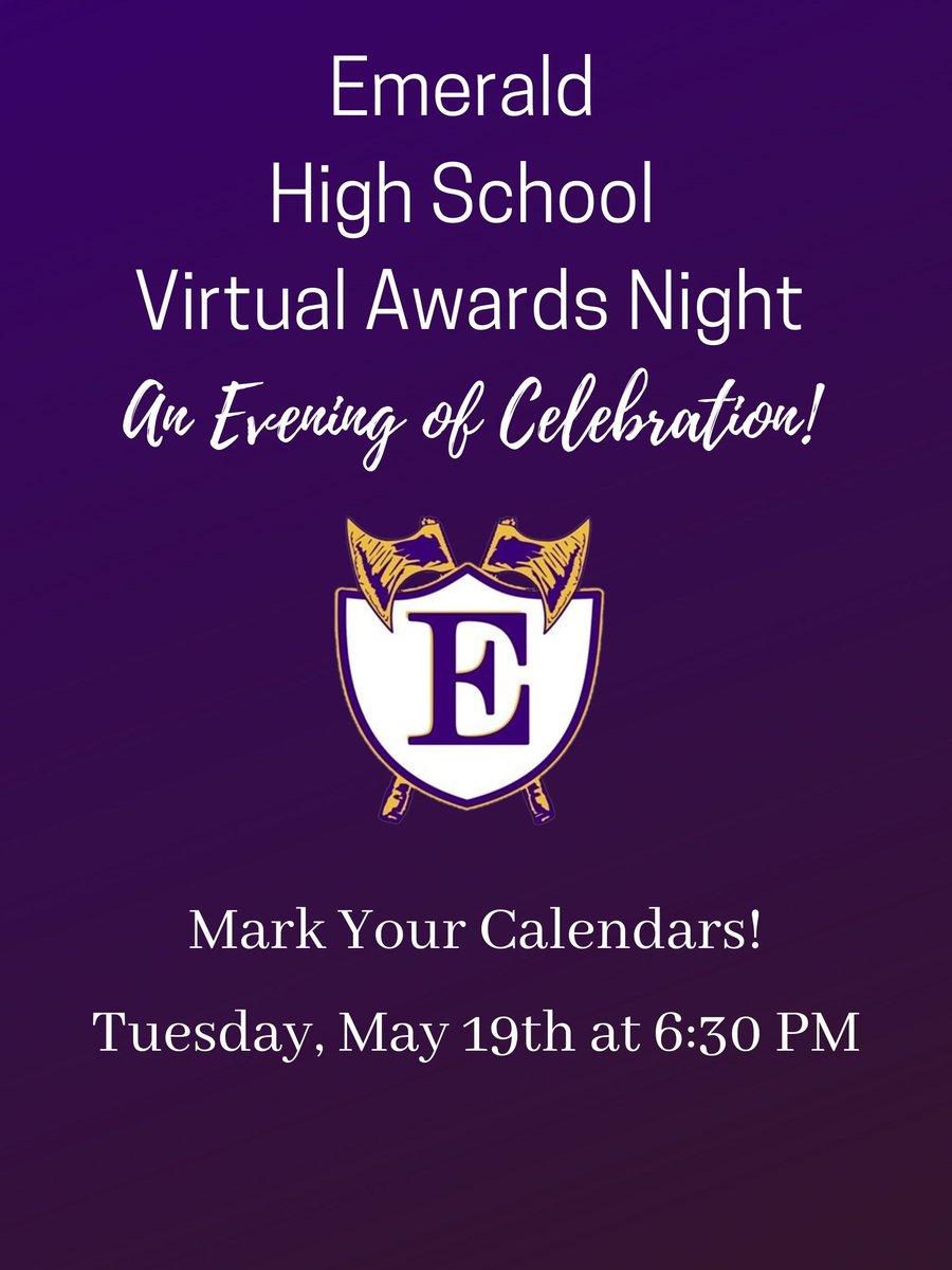 EmeraldGwd50's tweet photo. A link will be posted on the EHS website Tuesday, May 19th, at 6:30 PM. Invitations will not be sent so tune in to see if you get an award! Awards will be picked up when you come to check out for the summer.

@Gwd50Schools @blount5987 @Burdette1982 @Christy_89CU @TeagueGWD50 https://t.co/G4JreNnzgP