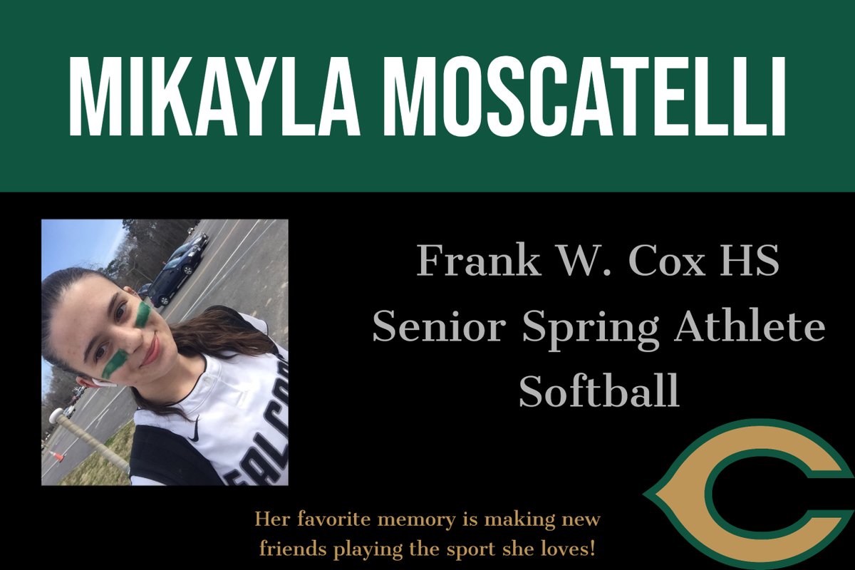 Frank W. Cox HS (@frankwcoxhs) on Twitter photo Next up is Mikayla Moscatelli, student-athlete from the <a href="/coxclass2020/">Cox Class Of 2020</a>. Mikayla plans to attend Virginia Wesleyan or Mary Baldwin in the fall. #FalconAwesome #ClassOf2020 Next up is Mikayla Moscatelli, student-athlete from the <a href="/coxclass2020/">Cox Class Of 2020</a>. Mikayla plans to attend Virginia Wesleyan or Mary Baldwin in the fall. #FalconAwesome #ClassOf2020
