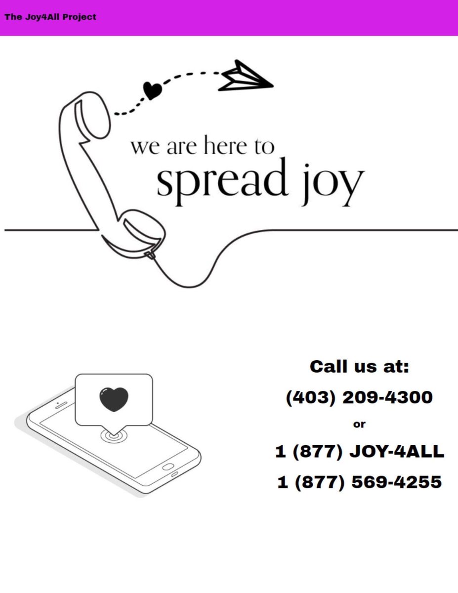 calgarybfc's tweet photo. When you call their hotline at 1-877-JOY4ALL or 403-209-4300 you will be able to choose from a variety of pre-recorded options and hear stories, jokes, kind messages and more all directed to brighten your day! โ๏ธ
#BetweenFriendsYYC #StayConnected #Joy4All #Calgary https://t.co/PKPorQPOhL
