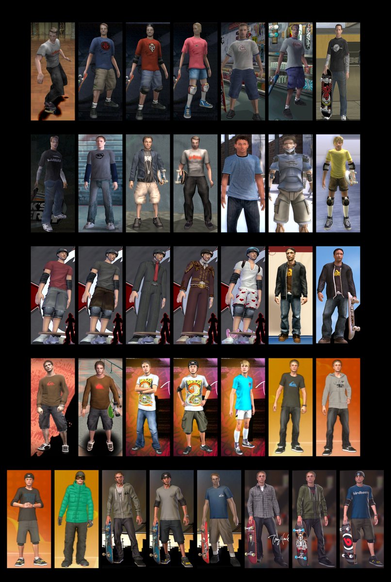 THGDBook's tweet photo. In celebration of the new (old) THPS &amp; THPS2 remake - here is a graphic I fashioned for the book.  This is every Hawk model in every major game.  One of so many cool images found within.  September is going to be an exciting month!!! https://t.co/Nqf4CJ3Fig