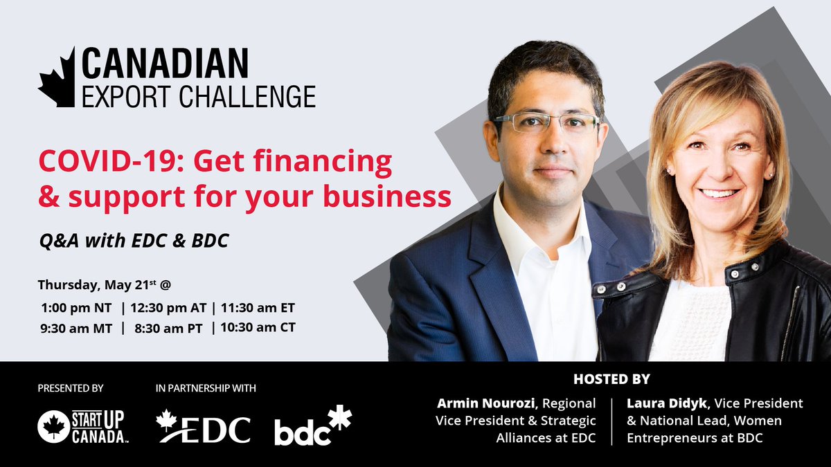 Startup_Canada's tweet photo. Startup Canada, @ExportDevCanada and @bdc_ca are coming together to support Canadian #entrepreneurs amid COVID-19.

Join us for the first #CXC2020 bootcamp to have your financing and support questions answered. 

https://t.co/v6Opa8FkI2 https://t.co/CAKVLP20x1