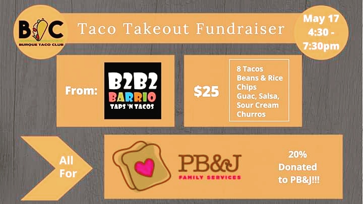 PBandJFamily's tweet photo. Join PB&J and Burque Taco Club this Sunday from 4:30-7:30pm at @b2b2barrio for the Taco Takeout Fundraiser! 🌮🌮🌮☀️ #abq #covidfundraisers #alltogethernm #charity #yum #tacoenthusiast #tacolife #foodfundraisers #community #tacoclub https://t.co/PlJvoPMTbF