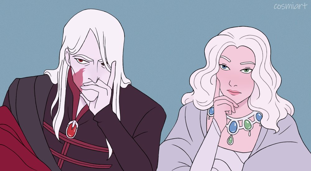 cosmiart's tweet photo. They’re just bored. (bloodraven &amp; shiera seastar / reference: the addams family) #ASOIAF https://t.co/E41vsoiC0A