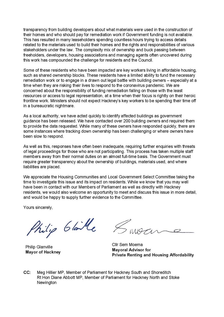 mayorofhackney's tweet photo. Couldn't agree more with @Meg_HillierMP &amp; #EndOurCladdingScandal, it's one of the many reasons @Semakaleng &amp; I wrote today on behalf of Hackney leaseholders, to #CliveBettsMP in his capacity as Chair of @CommonsHCLG who are looking into cladding crisis: https://t.co/c2khbQXCJT https://t.co/o2x4uqKNVH