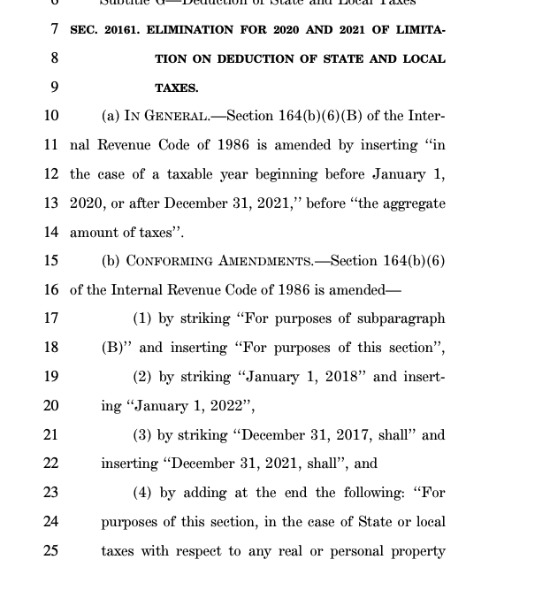 The bill gives a tax cut to upper income blue state real estate owners for 2020 and 2021.